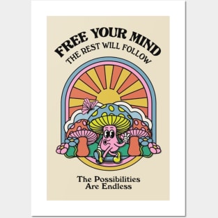 Free Your Mind - Psychedelic Mushroom Art T-Shirt with Popular Quotes in 80's Style Posters and Art